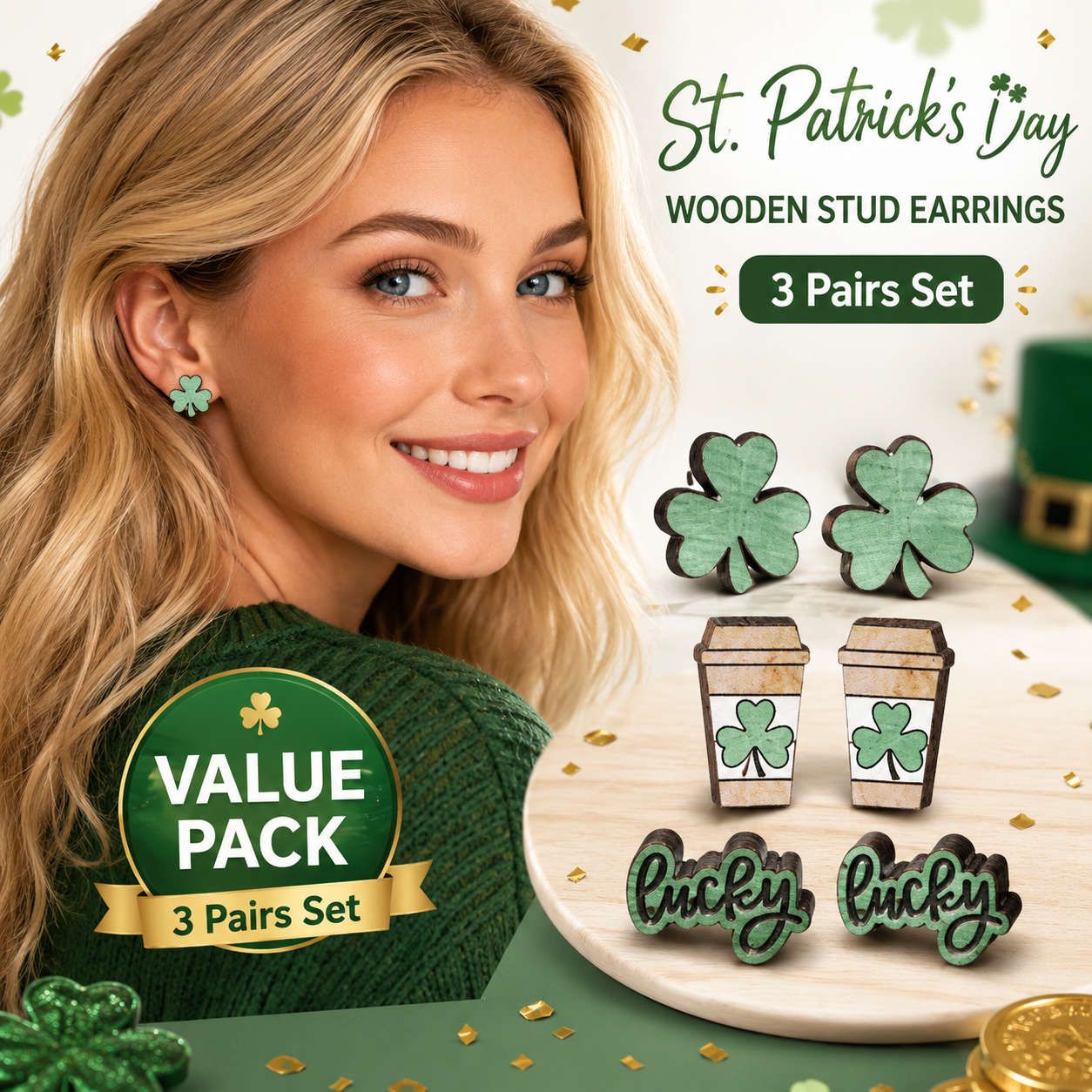 Iron On Stud Set - 3 Pairs/Set Fashionable Wooden Clover Stud