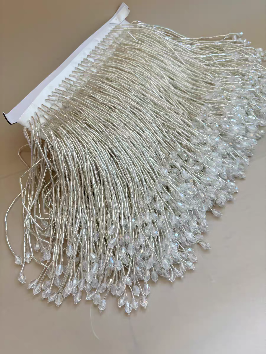 Beaded Trim Fringe - 6 inches Wide Bugle Beads Crystal