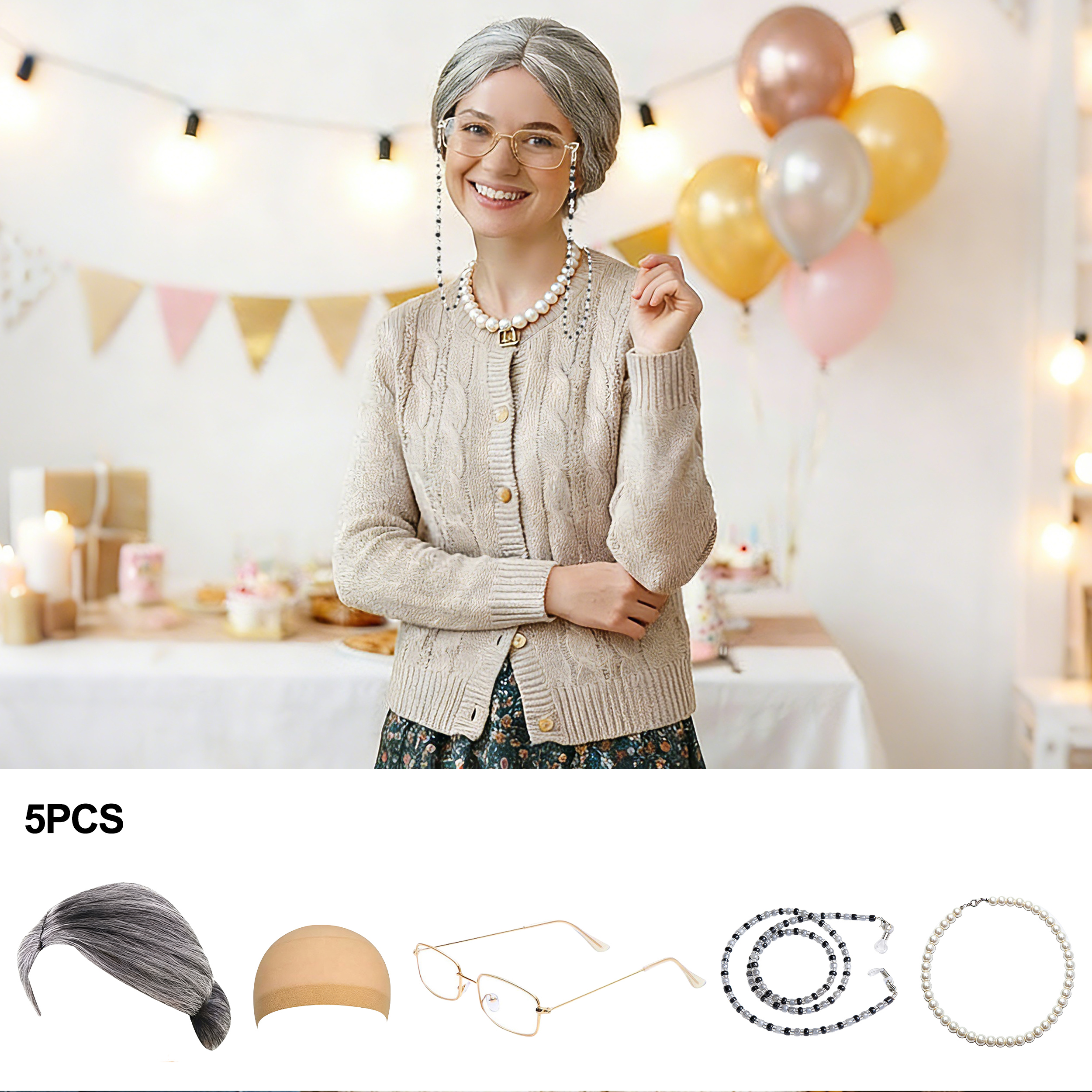 5Pcs Old Lady Costume Set Gran - Pearl Trim Chain recensione e prezzo