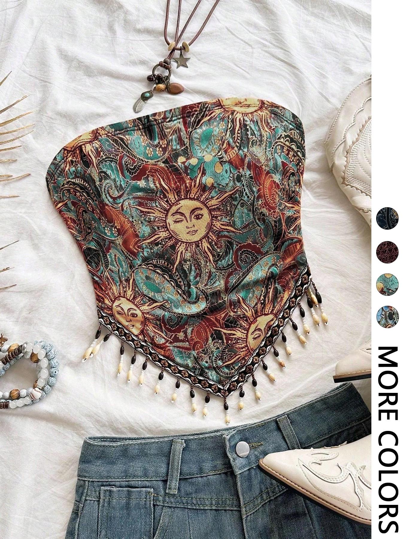 Ladies' 1pc Printed Mesh Knitt - Beaded Trim Fringe recensione e prezzo