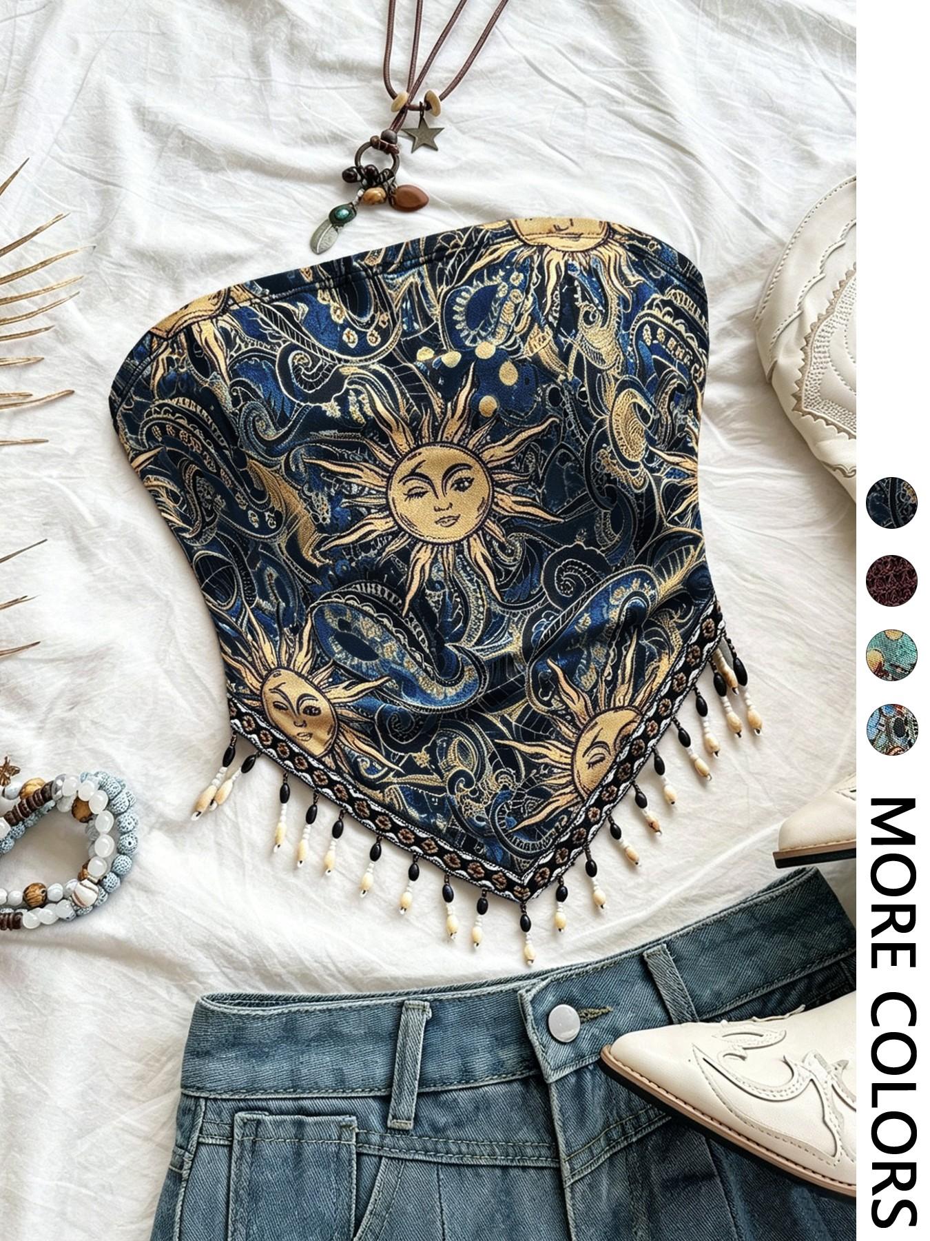 Ladies' 1pc Printed Mesh Knitt - Beaded Trim Fringe recensione e prezzo