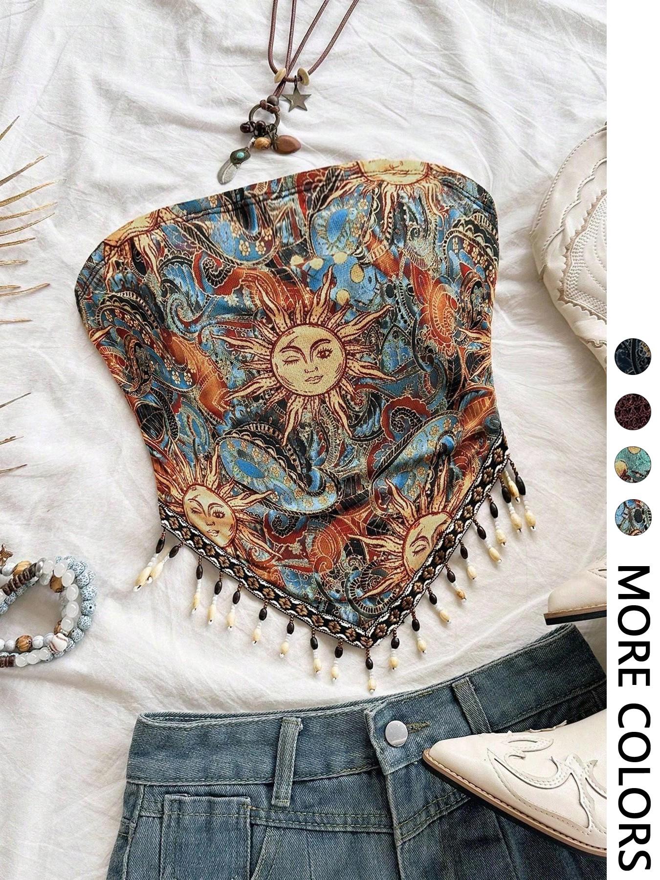 Ladies' 1pc Printed Mesh Knitt - Beaded Trim Fringe recensione e prezzo