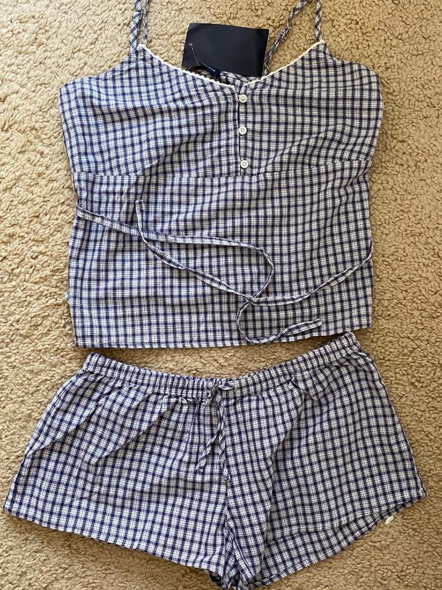 Navy Plaid Tank Shorts 2 Piece - Elastic Lace Trim recensione e prezzo