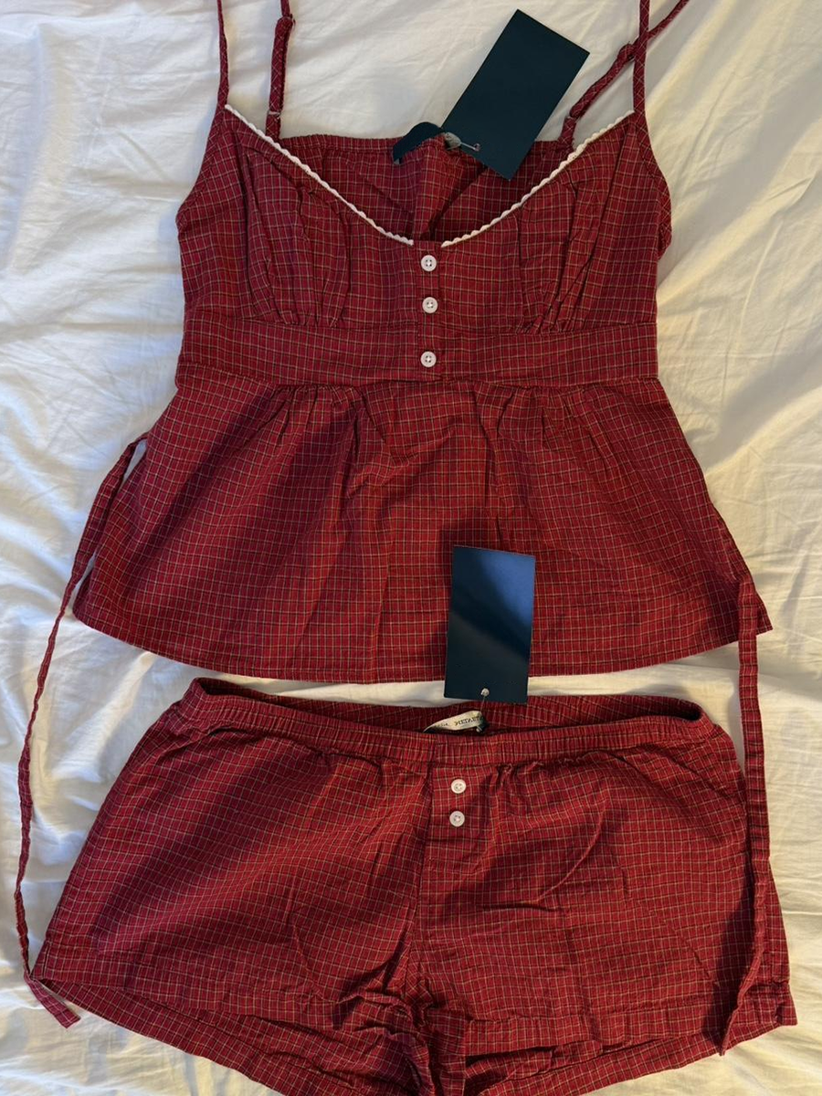 Red Plaid Buttons Tank Shorts  - Elastic Lace Trim recensione e prezzo