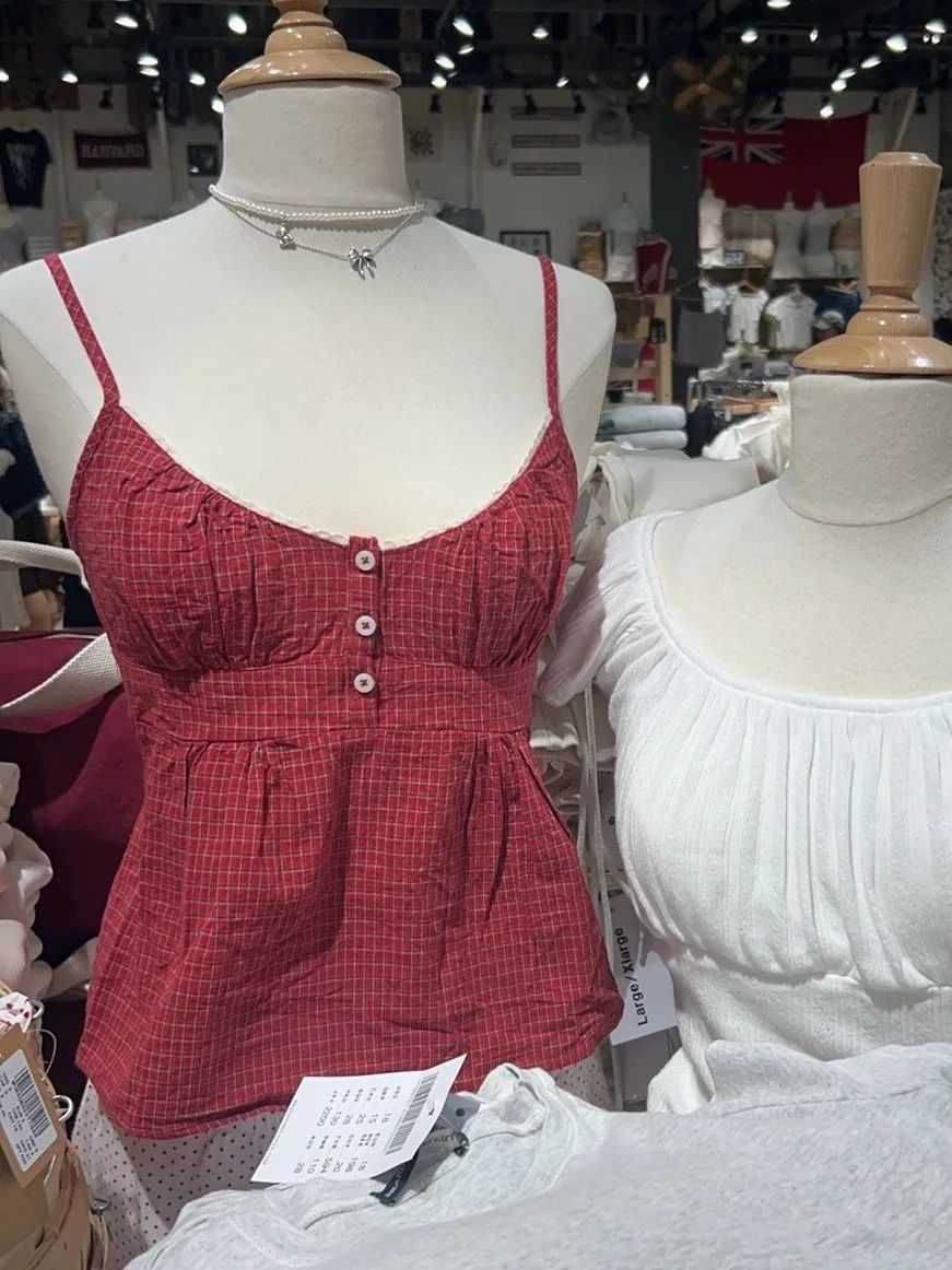 Red Plaid Buttons Tank Shorts  - Elastic Lace Trim recensione e prezzo